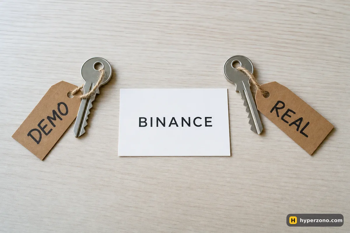 Two keys on a desk with paper tags reading DEMO and REAL next to a card saying Binance