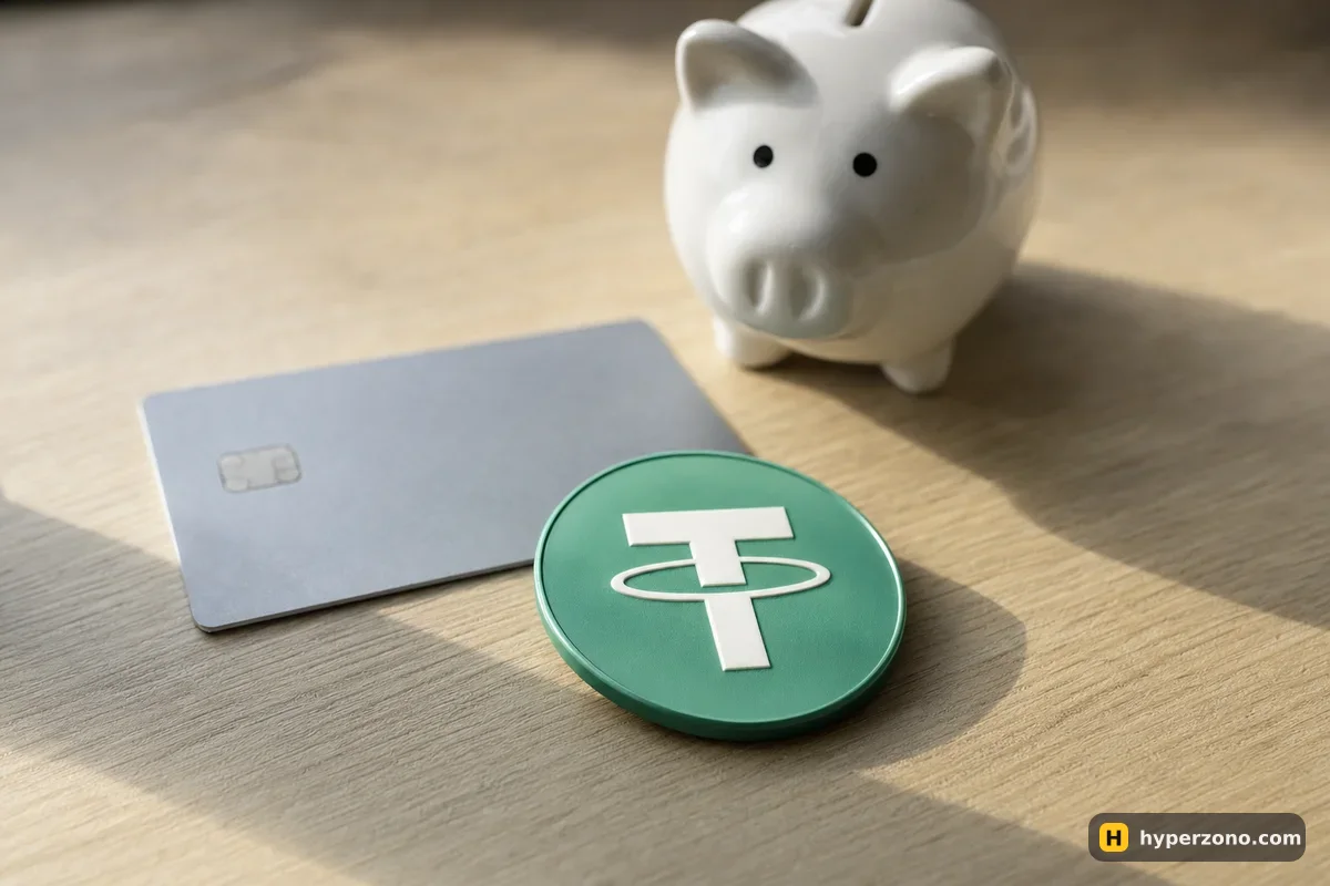 A green USDT coin and a bank card on a wooden table with a small piggy bank behind them