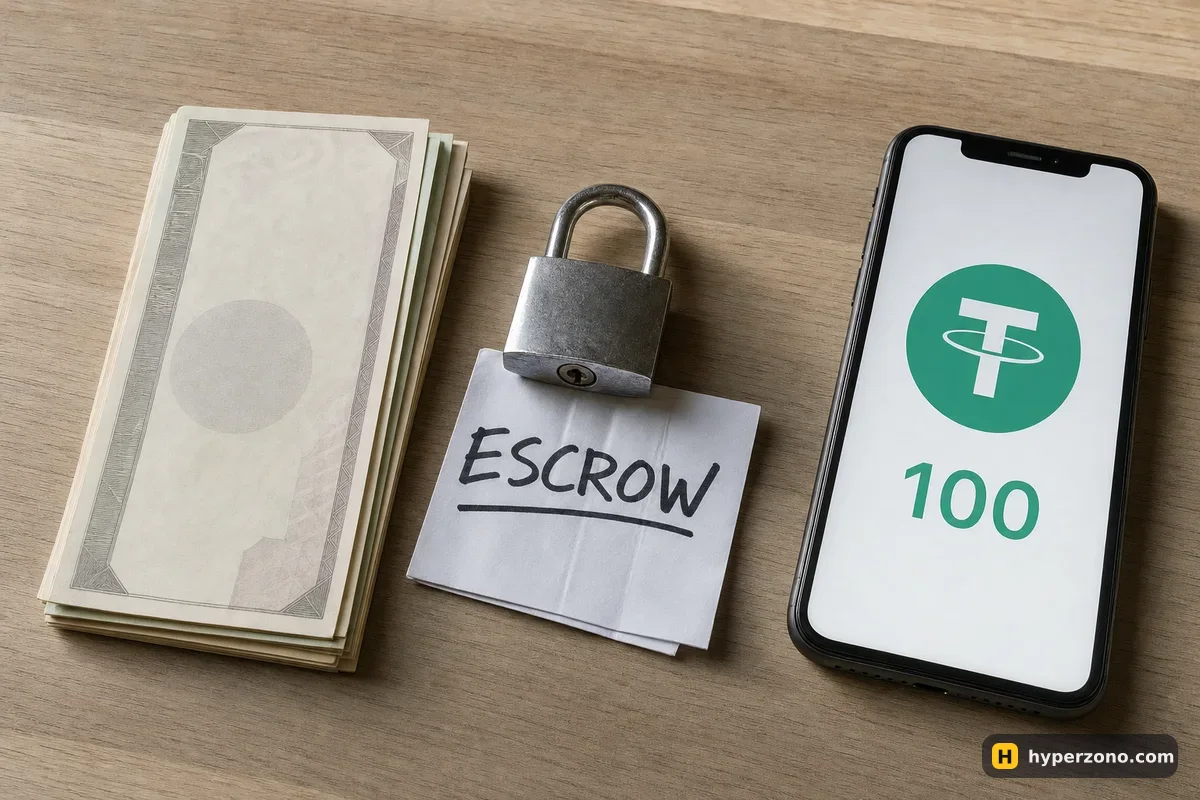 Banknotes on one side, a phone showing 100 USDT on the other, with a padlock labelled ESCROW between them
