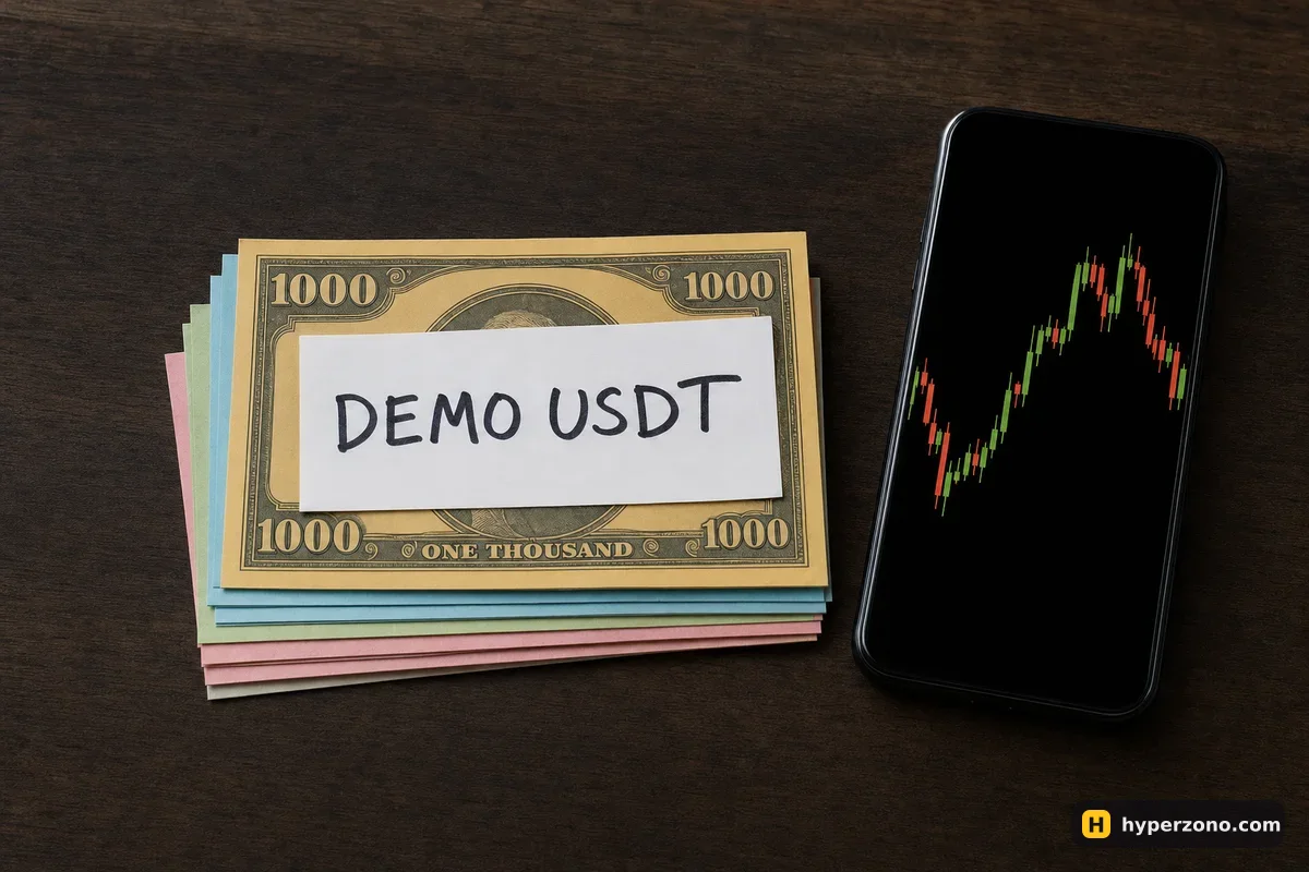 A stack of board-game play money labeled DEMO USDT beside a phone showing a price chart