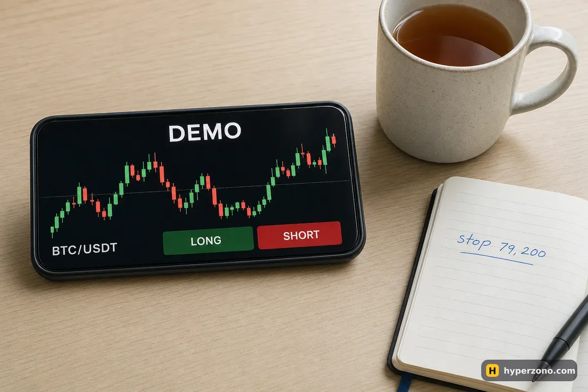 A phone on a table showing a Bitcoin candlestick chart labeled DEMO, beside a mug and a notebook with a hand-written stop level