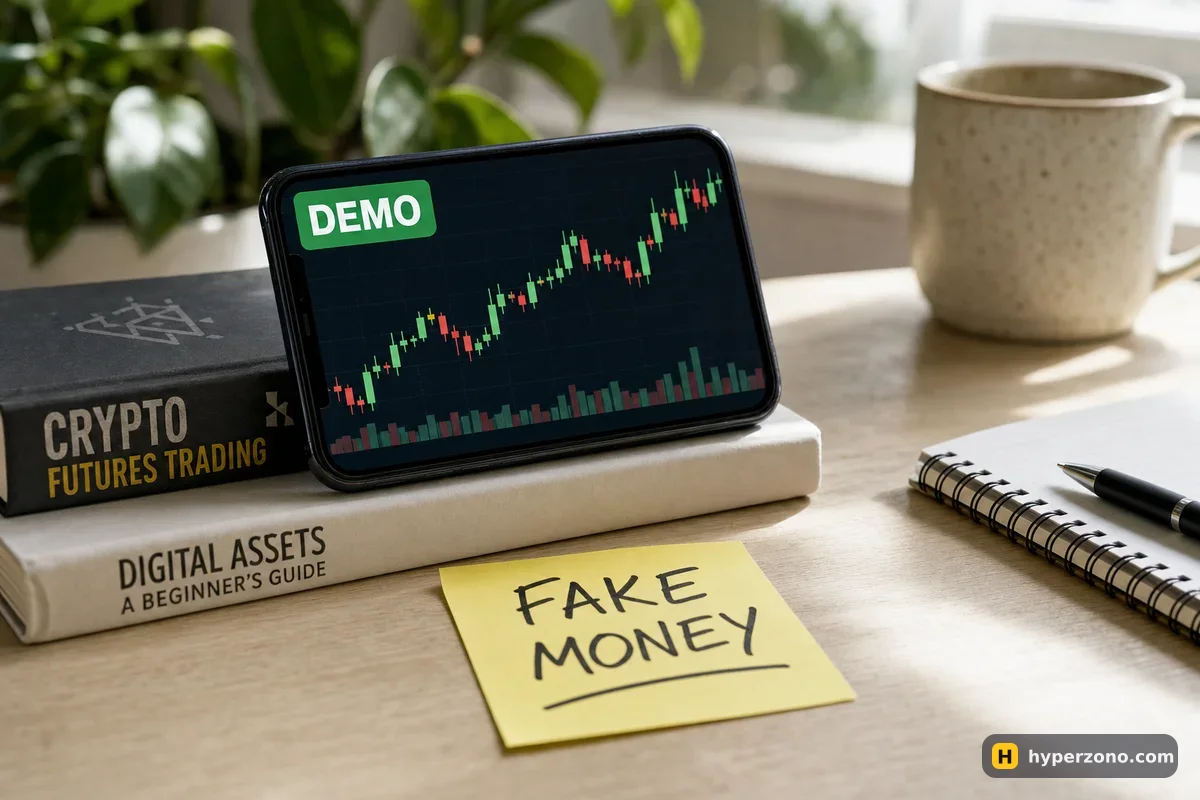 Phone on a desk showing a candlestick chart with a large DEMO badge, and a sticky note reading fake money