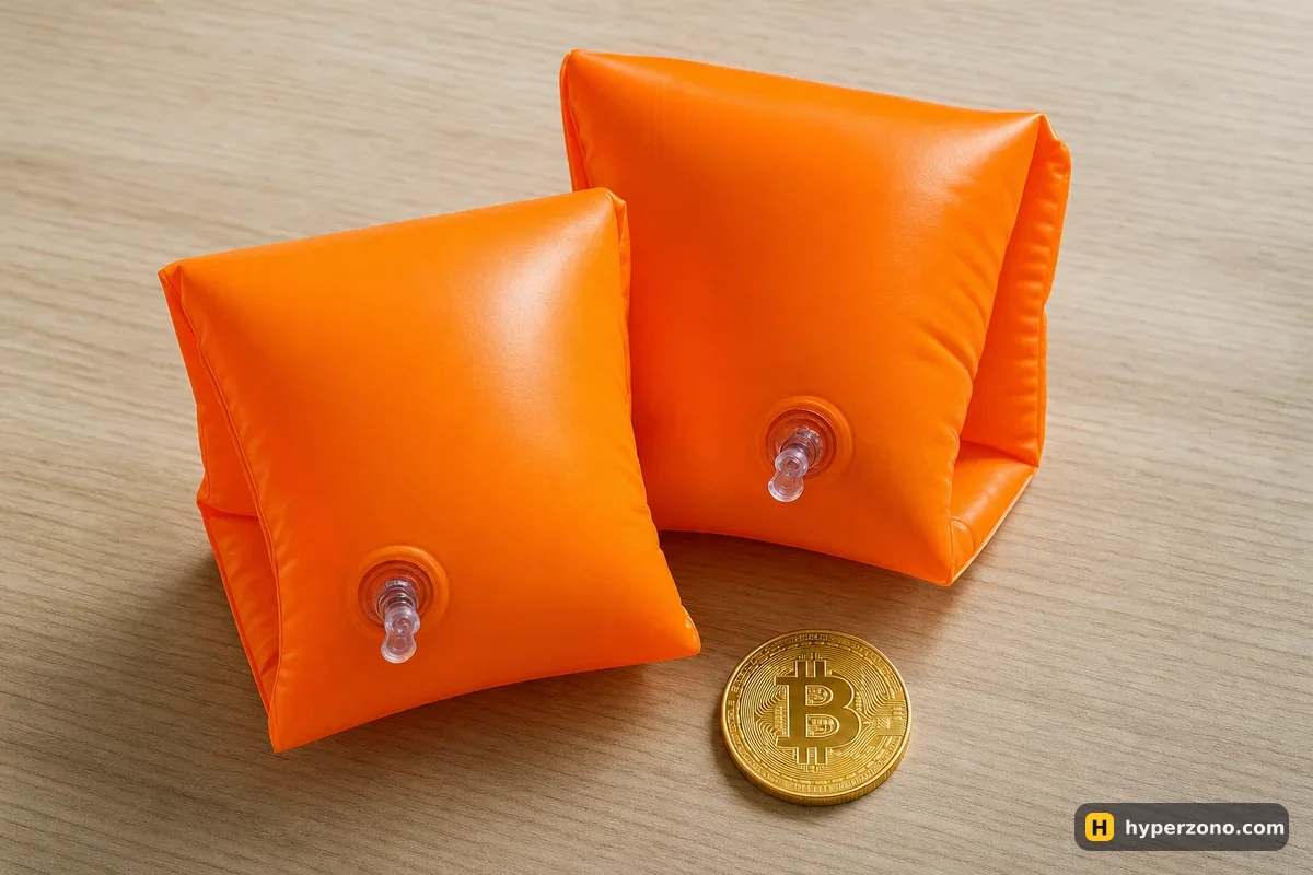 Orange inflatable swim armbands on a wooden desk next to a gold Bitcoin coin
