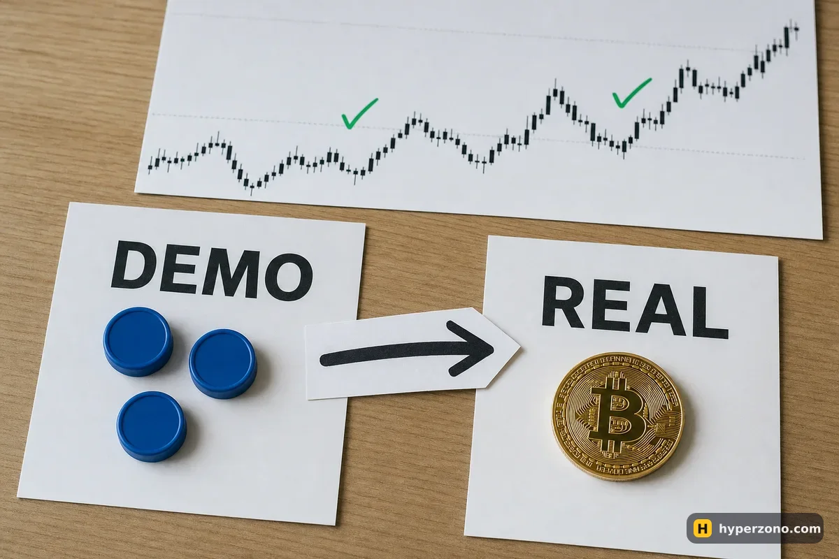 Desk with cards labelled DEMO and REAL, an arrow between them, plastic tokens on DEMO and a Bitcoin coin on REAL