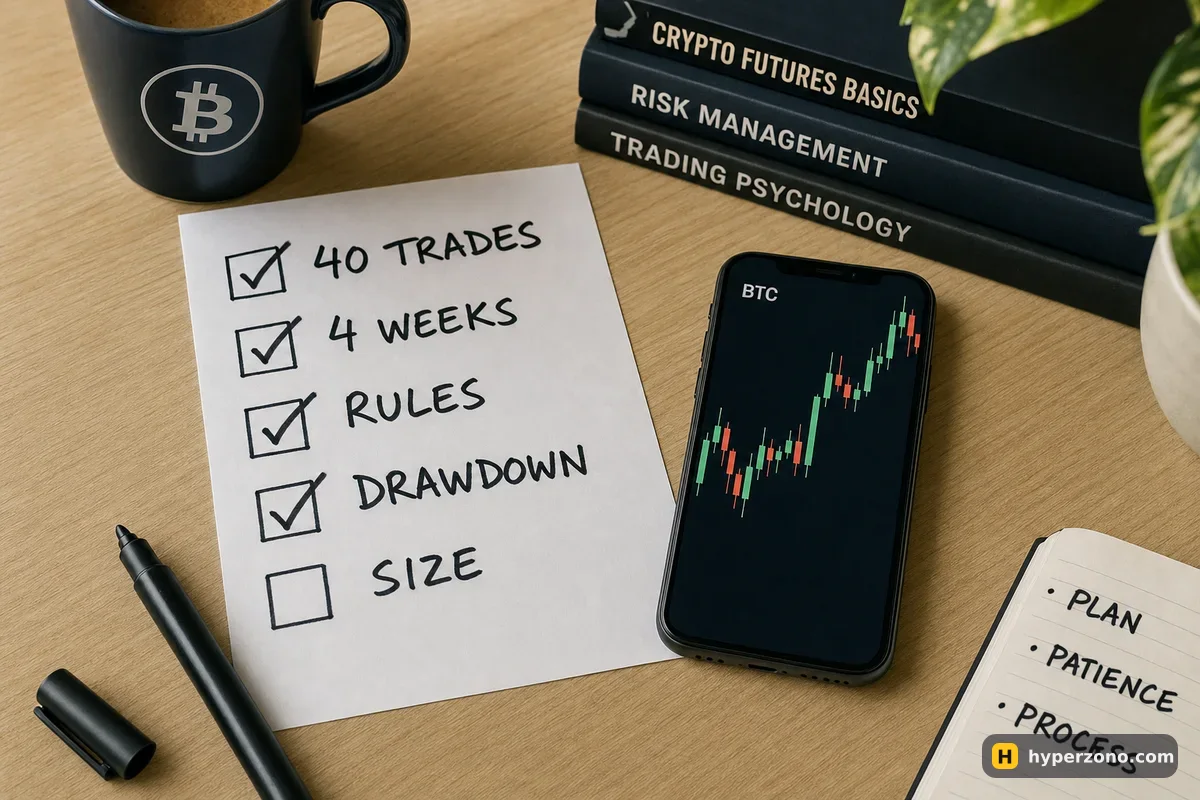 A paper checklist with four ticked lines and one empty box next to a phone showing a candlestick chart