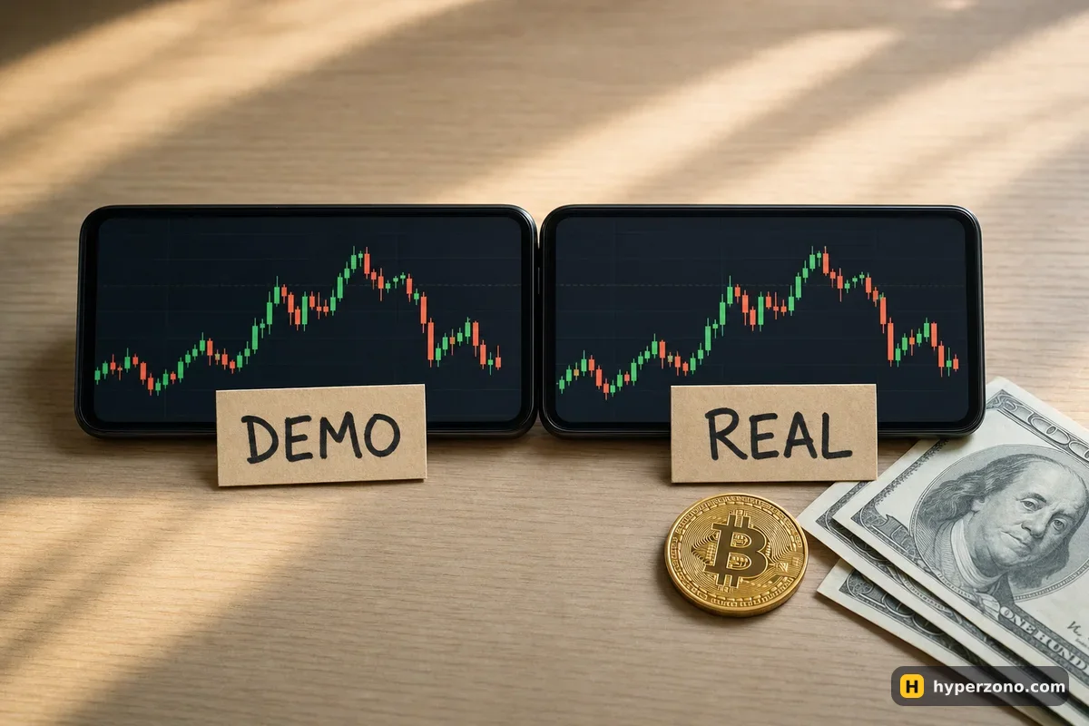 Two identical screens showing the same BTC chart, one tagged DEMO and one tagged REAL with a Bitcoin coin and cash beside it