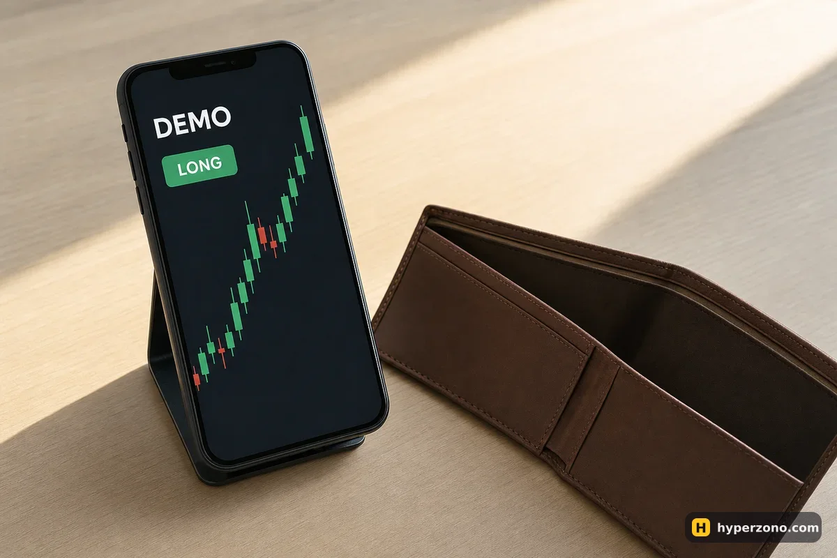 Phone showing a candlestick chart labelled DEMO standing next to an empty wallet on a desk