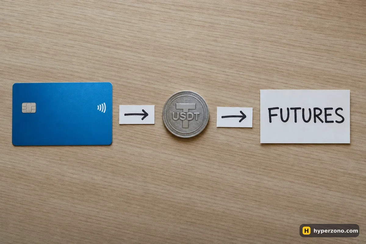 A bank card, a USDT coin and a card reading FUTURES in a row with arrows between them