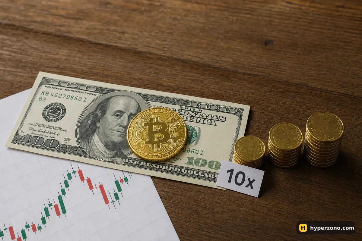 A $100 bill with a Bitcoin coin on it next to three small stacks of coins and a printed candlestick chart, with a card labeled 10x