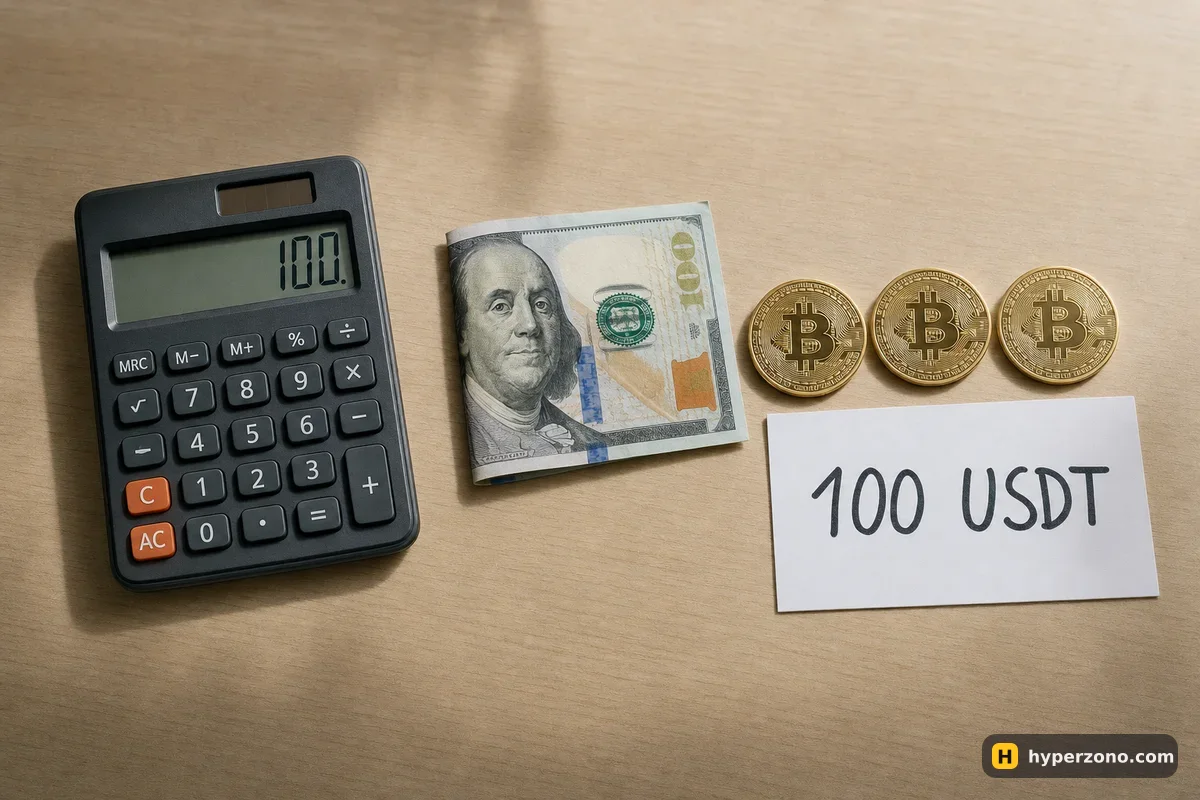 A calculator, a 100 dollar note, three Bitcoin coins and a card reading 100 USDT on a wooden table