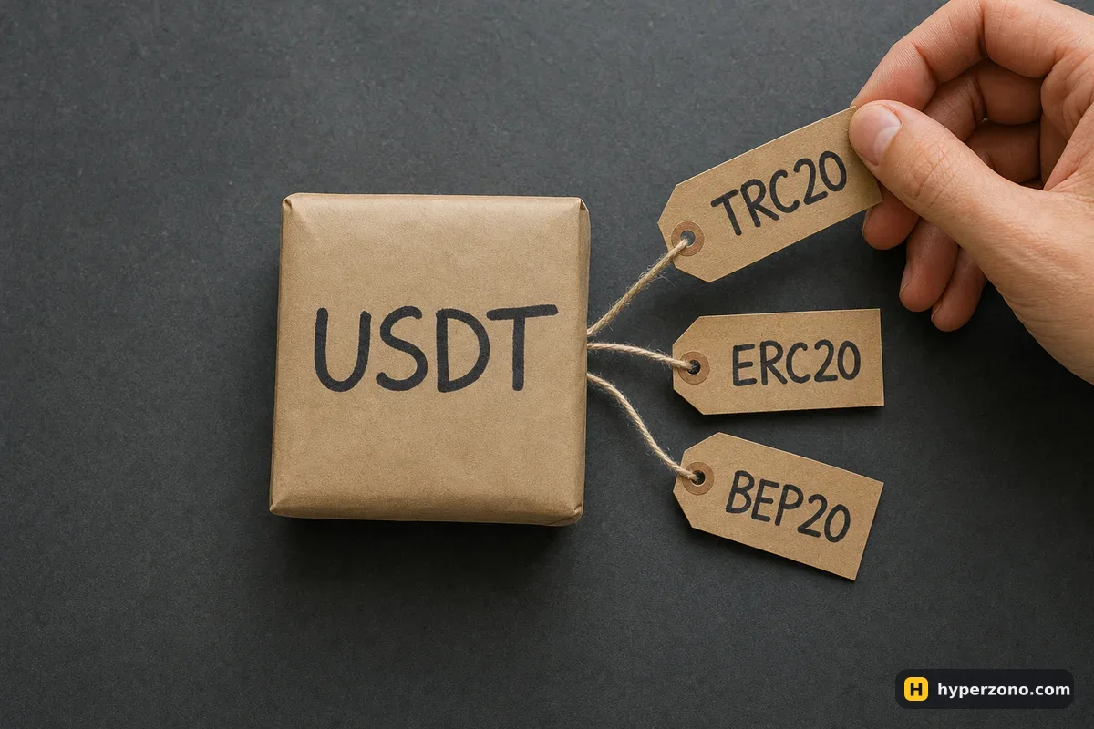 A small parcel marked USDT with three paper tags labelled TRC20, ERC20 and BEP20, one being lifted by hand