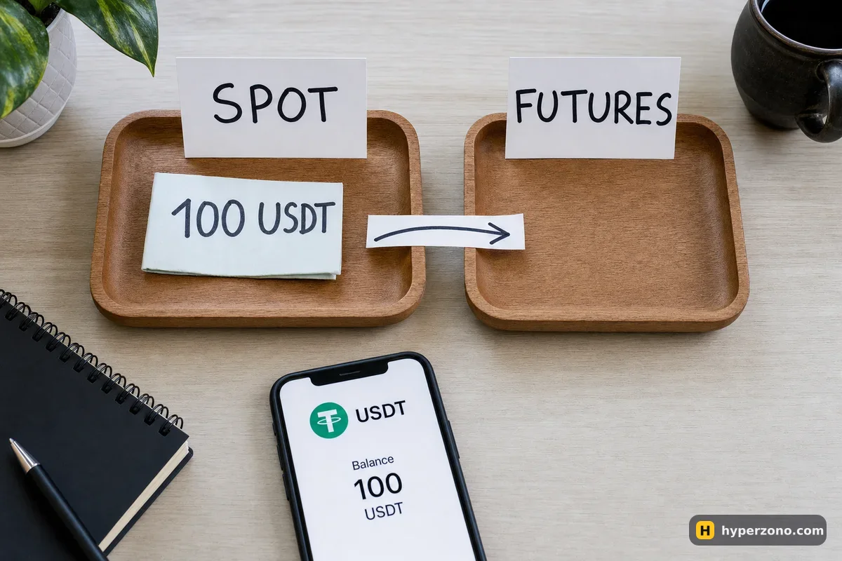 Two wooden trays labelled SPOT and FUTURES with a paper note marked 100 USDT in the left tray and an arrow pointing right