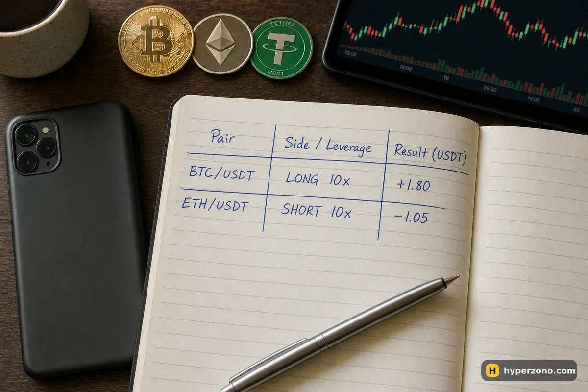 An open notebook with a hand-drawn trading journal table showing two results, plus 1.80 and minus 1.05, with a pen beside it