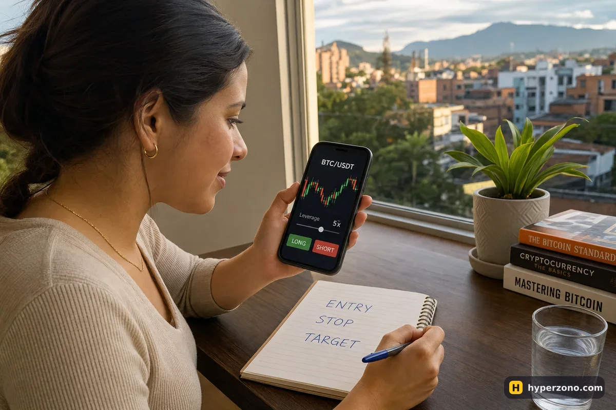 A woman at a desk holding a phone showing a candlestick chart and a 5x leverage slider, next to a notebook with ENTRY, STOP and TARGET written on it