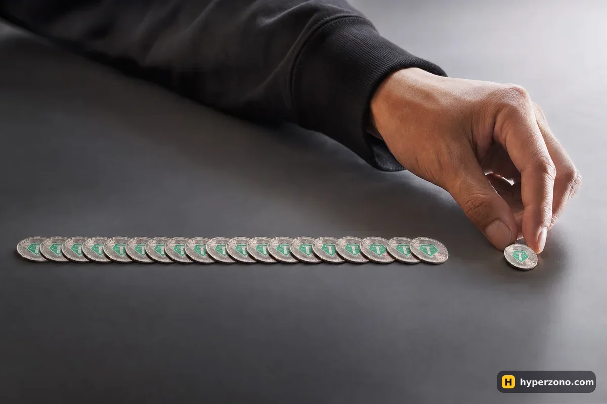 A hand separating one coin from a row of twenty identical coins on a desk