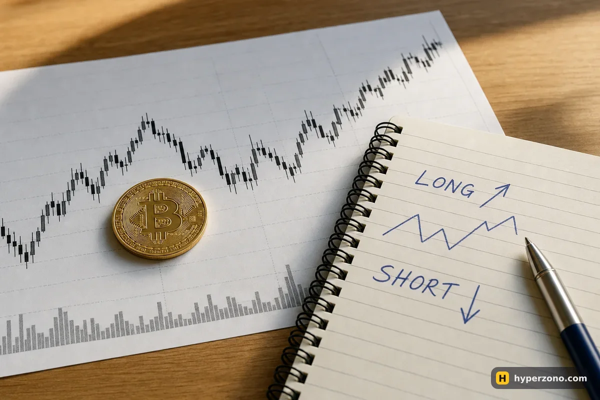 A Bitcoin coin on a printed candlestick chart next to a beginner's notebook with handwritten LONG and SHORT arrows