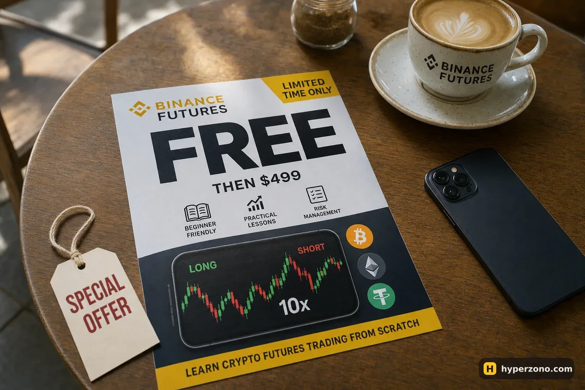 Flyer with the word FREE in large letters and 'then $499' in small print, next to a price tag on a café table
