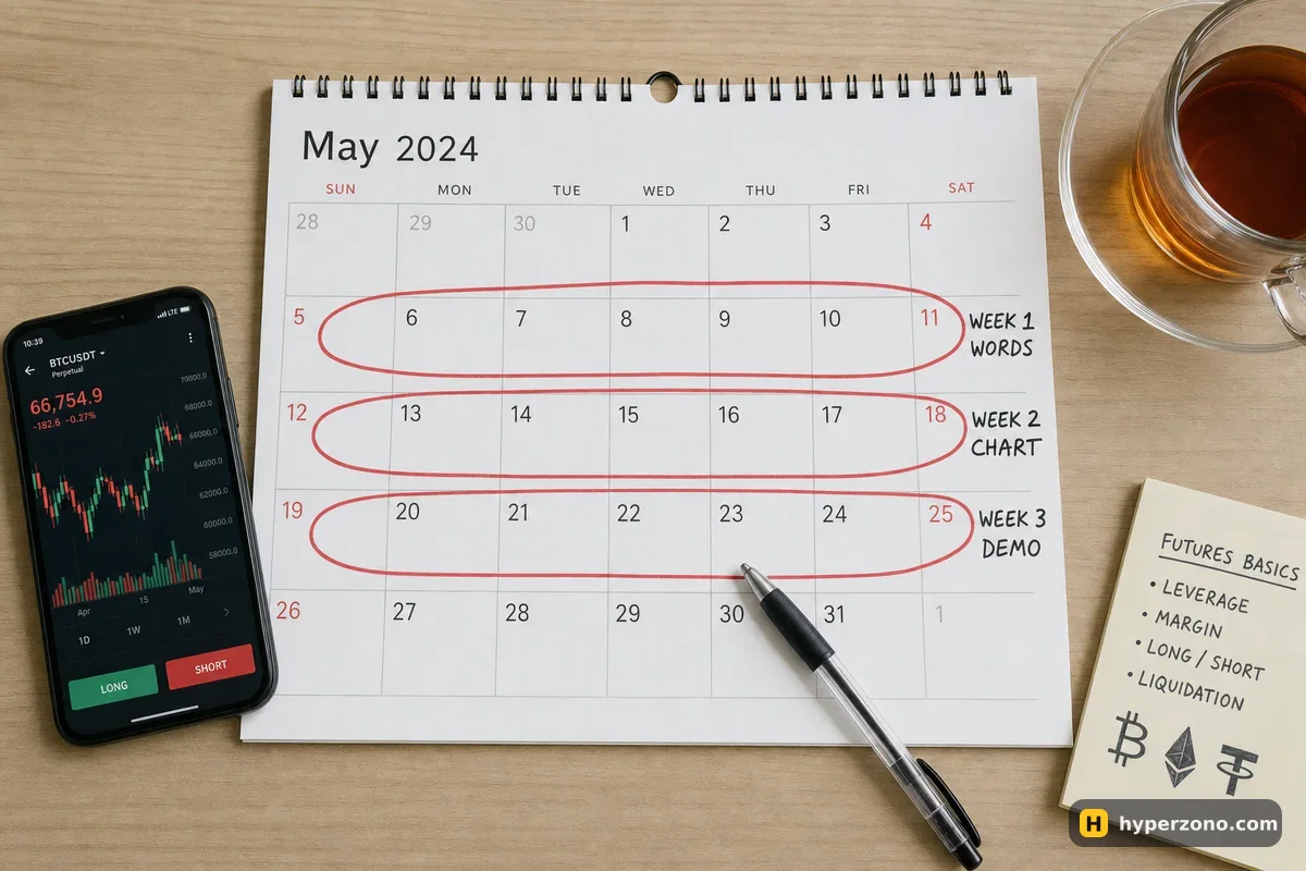 Paper calendar with three weeks circled in red and handwritten notes: week 1 words, week 2 chart, week 3 demo