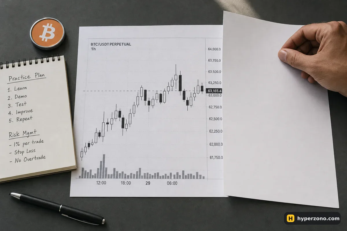 A hand sliding a sheet of paper across a printed candlestick chart to reveal the next candles
