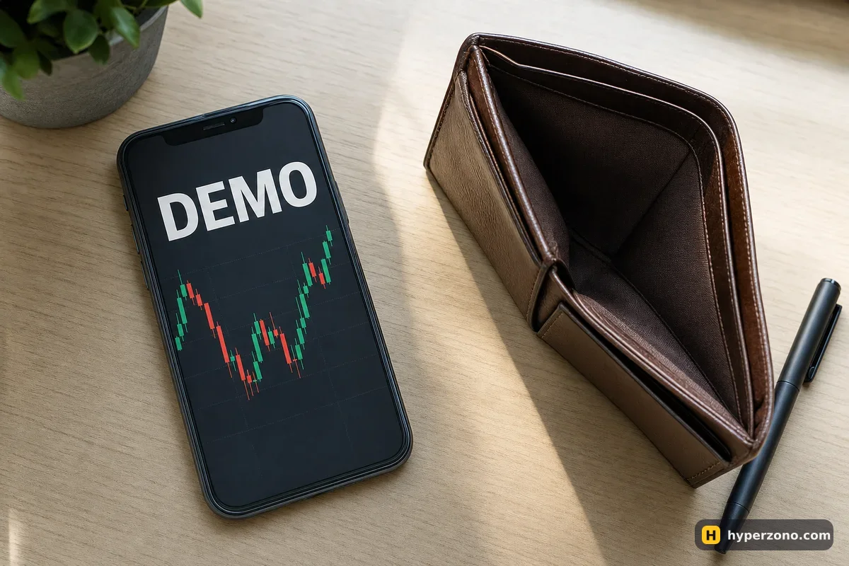 Phone showing a candlestick chart marked DEMO next to an empty wallet on a wooden desk