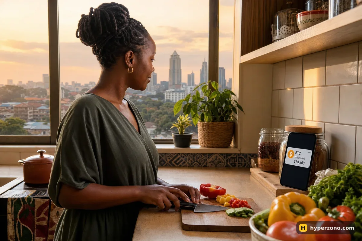 A woman cooking in a kitchen glances at a phone showing a single BTC price notification