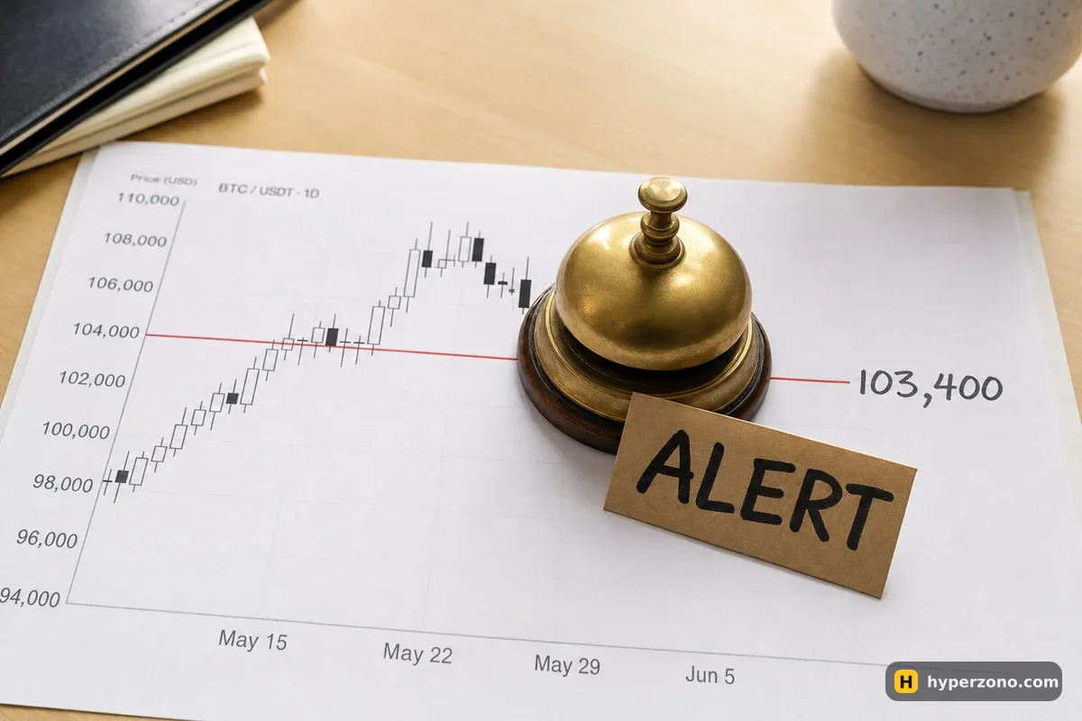A brass service bell standing on a printed price chart with a red level line marked 103,400