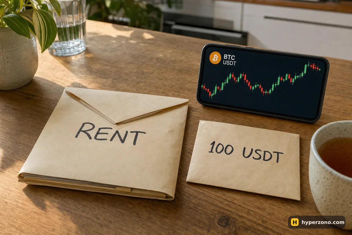 Two paper envelopes on a kitchen table, one marked RENT and a thin one marked 100 USDT, next to a phone showing a bitcoin chart
