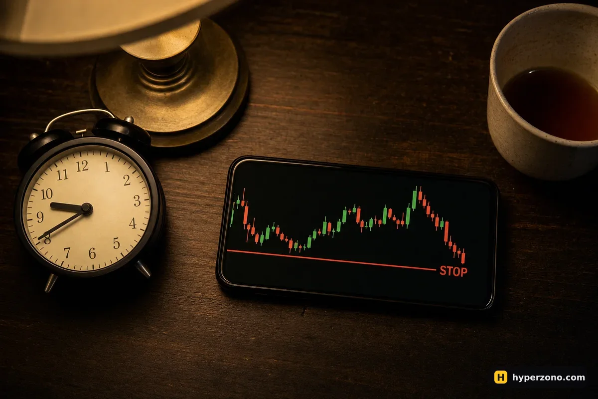 Alarm clock at 9:40 next to a phone showing a candlestick chart with a red stop line, on a kitchen table at night