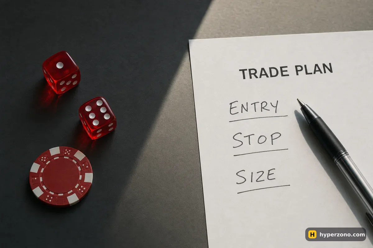 Dice and a casino chip on one side of a table, a handwritten trade plan with entry, stop and size on the other