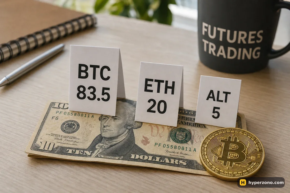 A ten dollar note on a desk with three small cards showing minimum order sizes for BTC, ETH and altcoins
