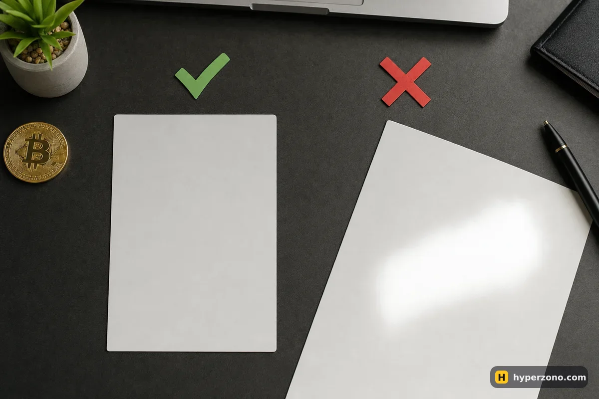 Two blank ID-sized cards side by side: one flat and clear with a green tick, one tilted with glare and a cut corner and a red cross