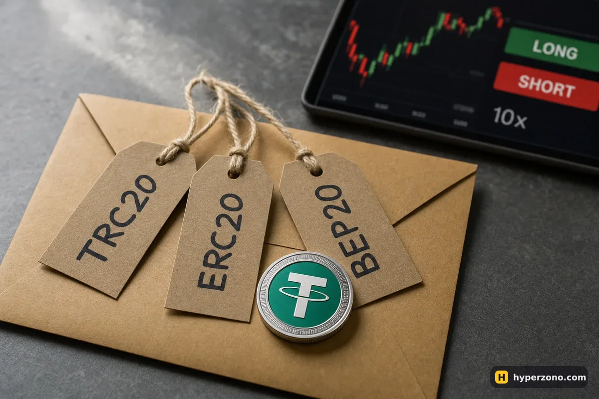 An envelope with three paper tags labeled TRC20, ERC20 and BEP20 and a Tether token on top