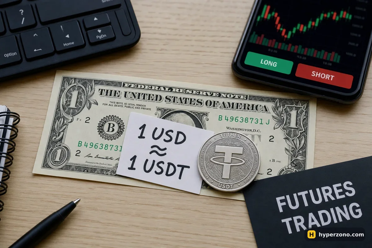 A one-dollar banknote next to a token marked with the Tether symbol and a card reading 1 USD equals about 1 USDT