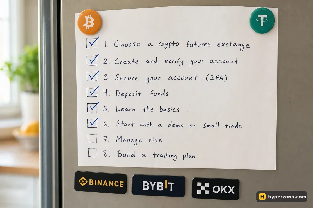A printed checklist on a fridge door with six of eight boxes ticked in blue pen