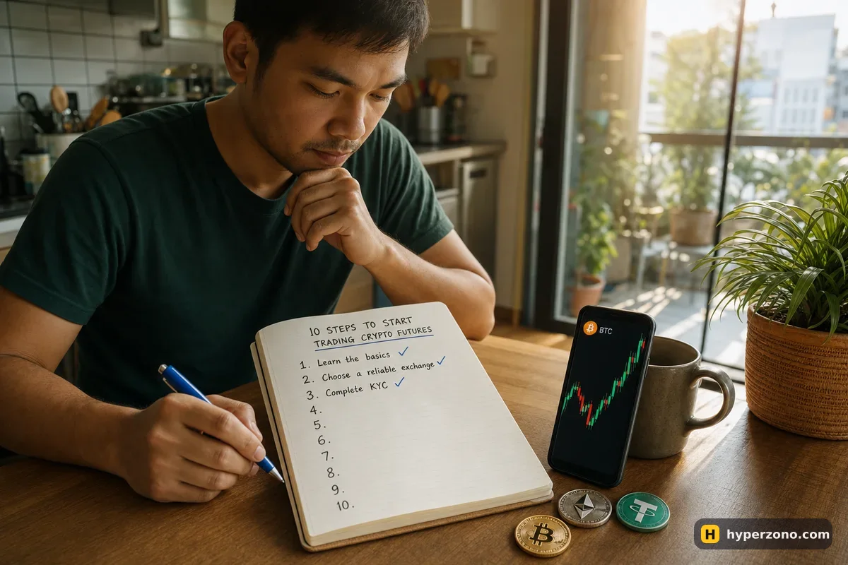 A man at a kitchen table with a handwritten ten-step list in a notebook and a phone showing a Bitcoin chart