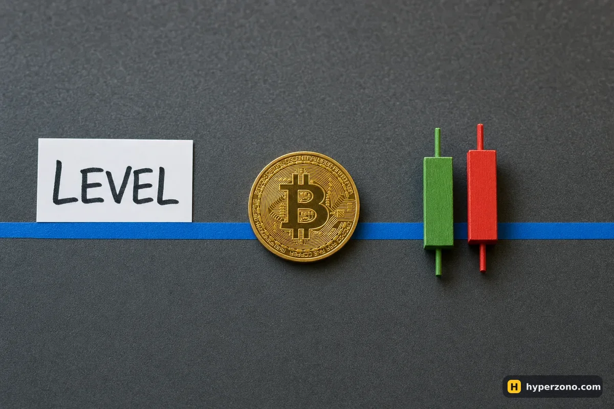 A straight strip of blue tape across a desk marked LEVEL, with a Bitcoin coin resting on the line