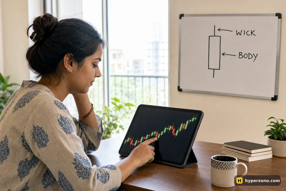 A woman at a desk tracing one candle on a tablet chart, next to a whiteboard sketch labelled BODY and WICK