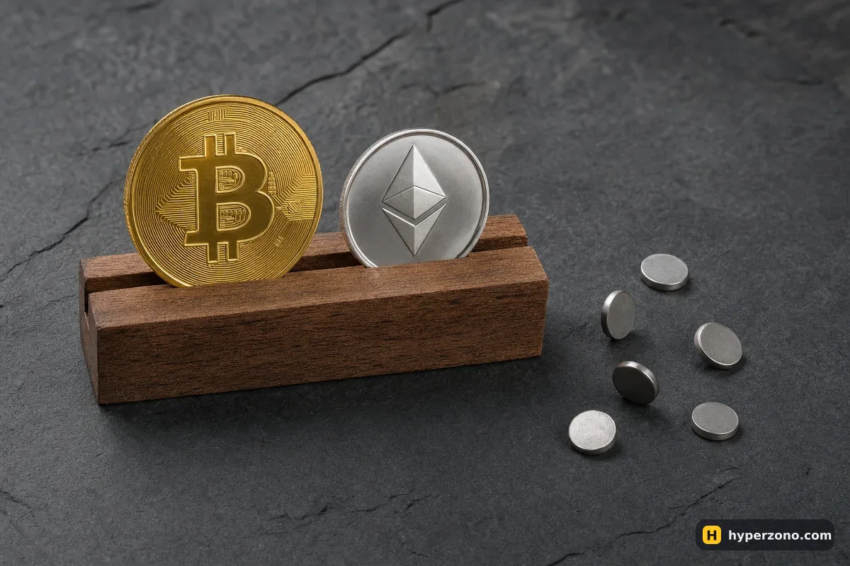 A gold Bitcoin coin and a silver Ethereum coin standing steady in a wooden block, next to six tiny unmarked discs lying scattered