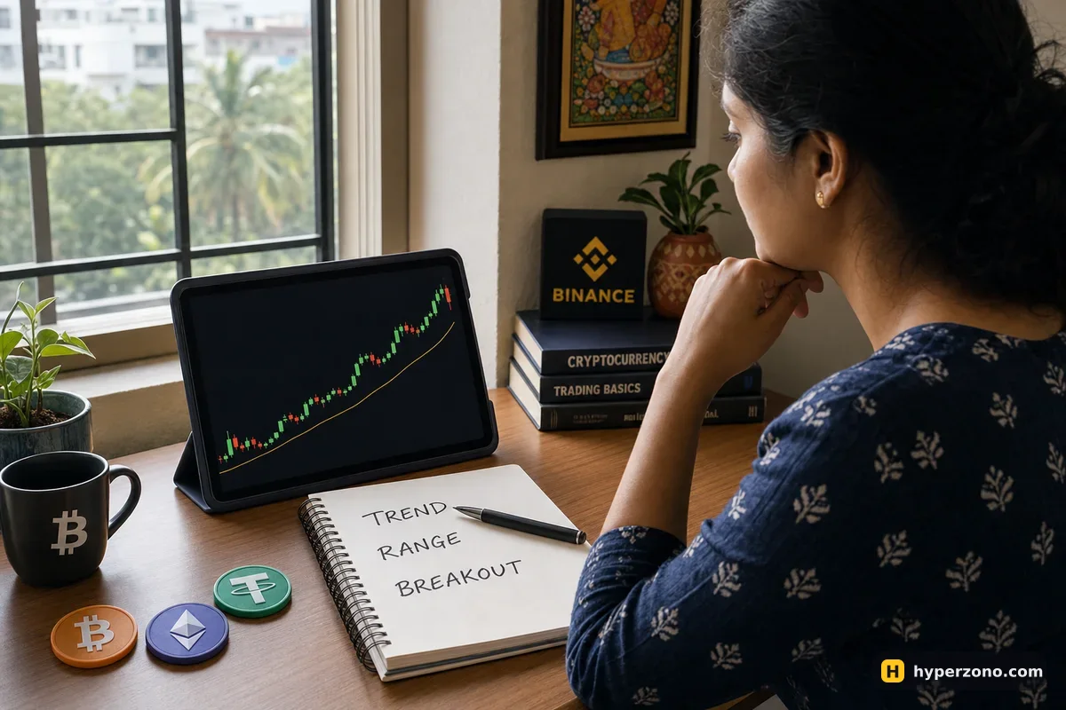 A woman at a desk with a candlestick chart on a tablet and a notebook listing three strategy names: trend, range, breakout