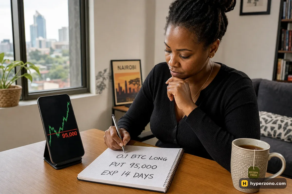 A woman at a desk writing 0.1 BTC LONG, PUT 95,000 and EXP 14 DAYS in a notebook beside a phone showing a price level