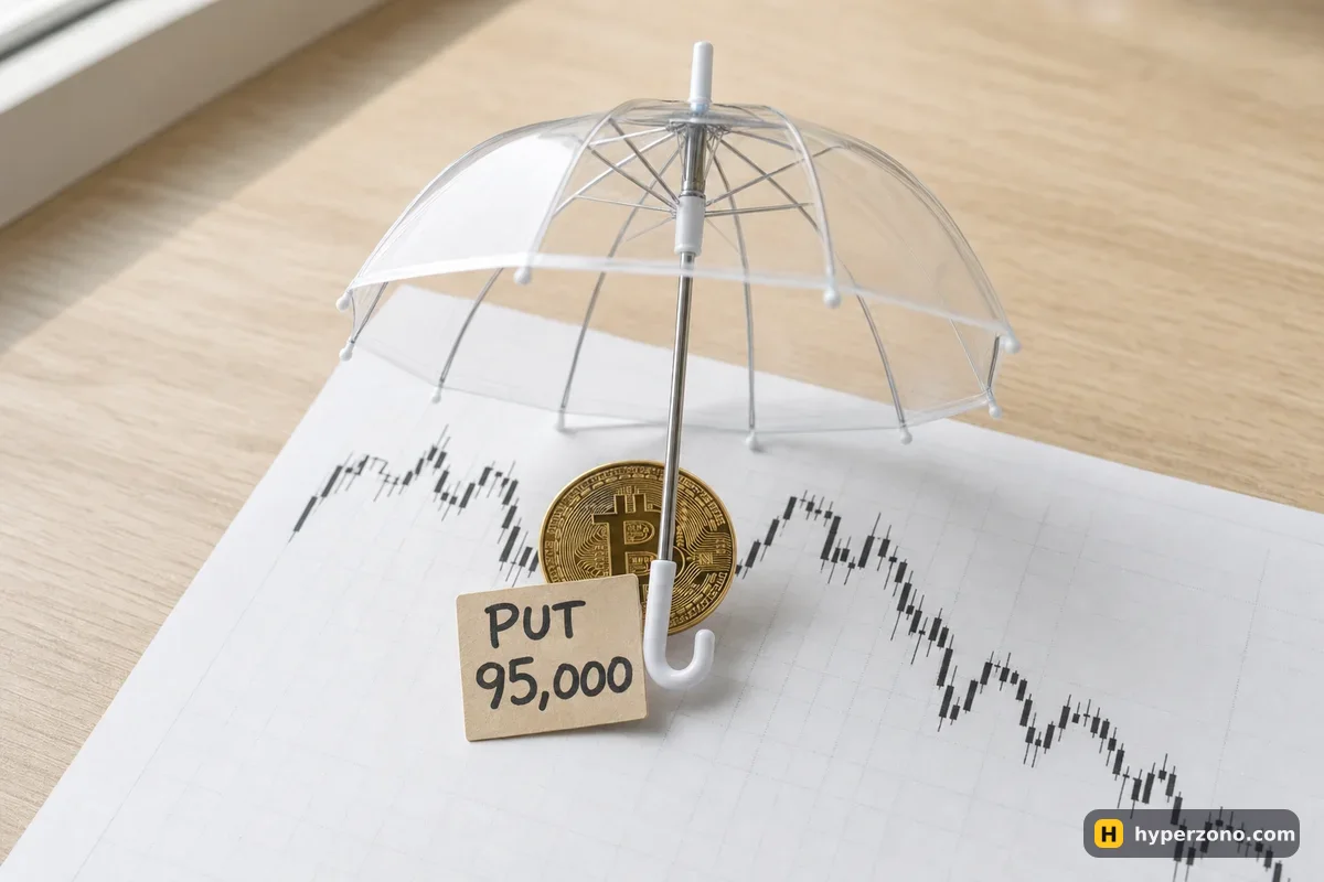 A small umbrella standing over a Bitcoin coin on a falling printed price chart, with a paper tag reading PUT 95,000