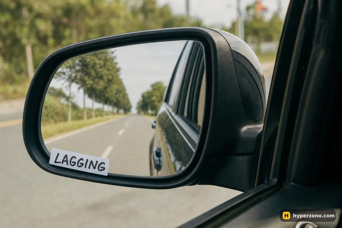 A car side mirror reflecting the road behind, with a card reading LAGGING tucked into the frame