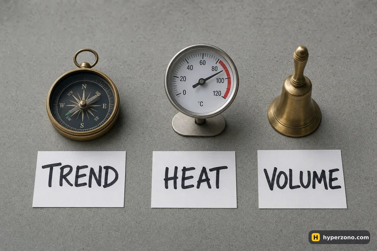 A compass, a thermometer and a small bell in a row, labelled TREND, HEAT and VOLUME