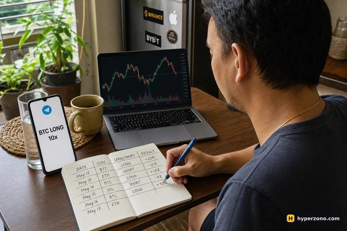 A man copying Telegram signals by hand into a notebook with columns for date, coin, direction and result