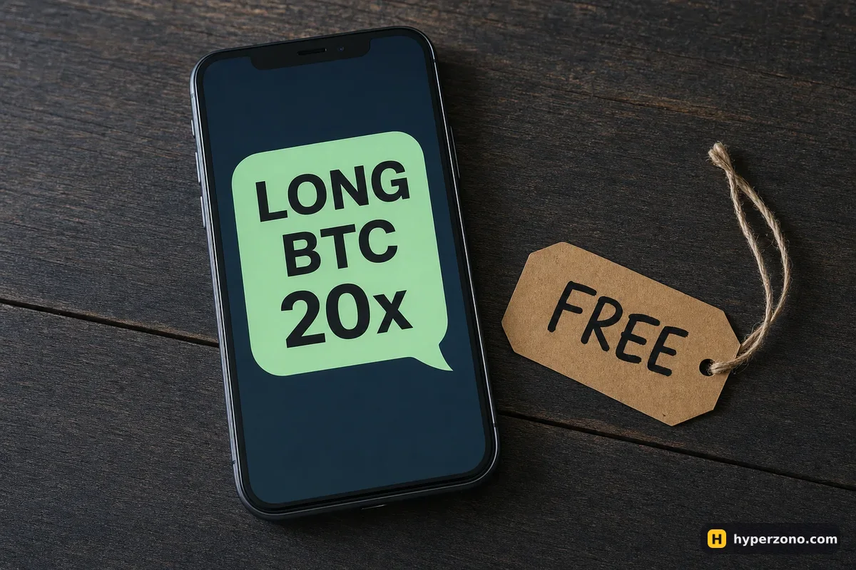A phone showing a chat message reading LONG BTC 20x next to a paper price tag marked FREE