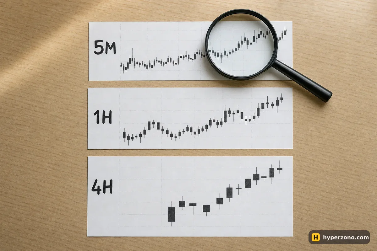Three printed candlestick chart cards labelled 5M, 1H and 4H on a desk, with a magnifying glass over the busiest one