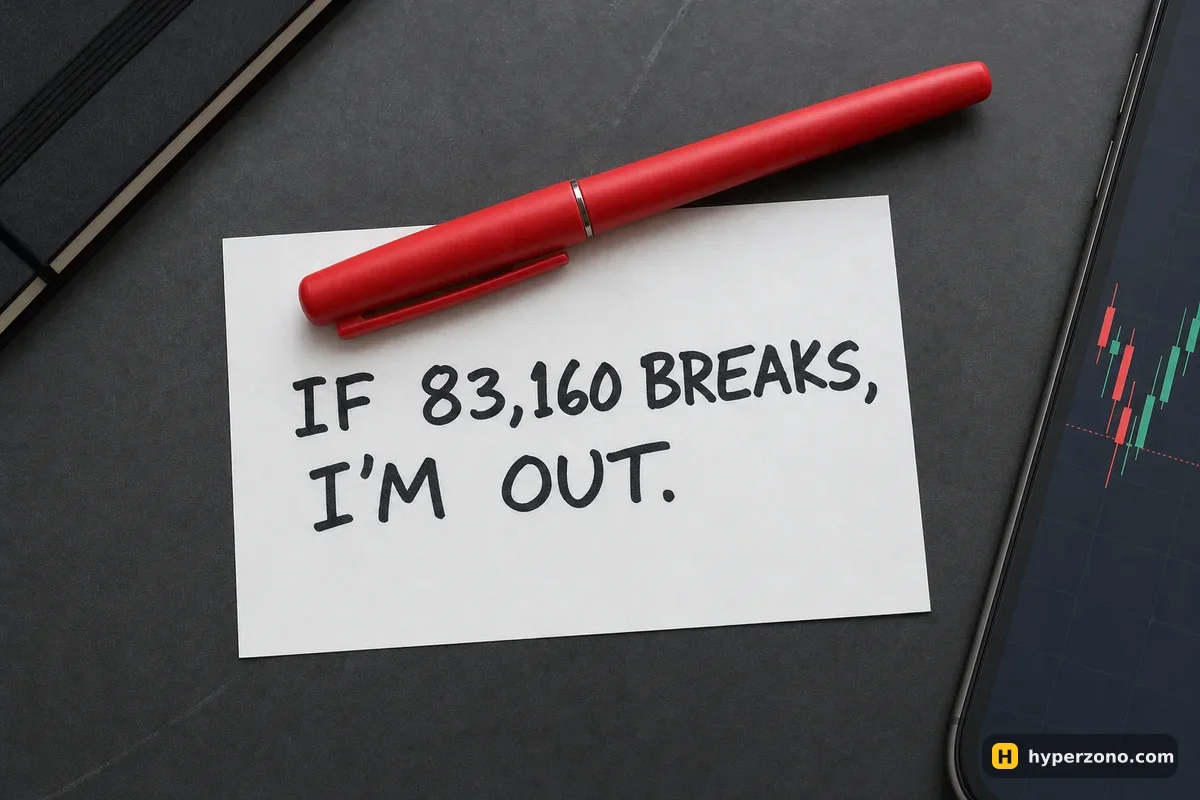 An index card on a desk reading IF 83,160 BREAKS, I'M OUT, with a red pen and the edge of a phone showing a chart