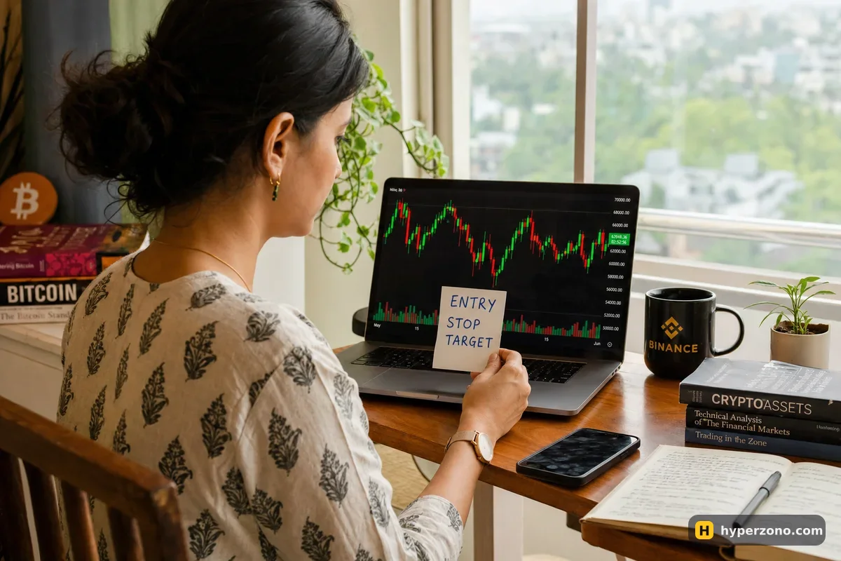 A woman sticking a handwritten card reading ENTRY, STOP, TARGET to the edge of her laptop screen showing a candlestick chart