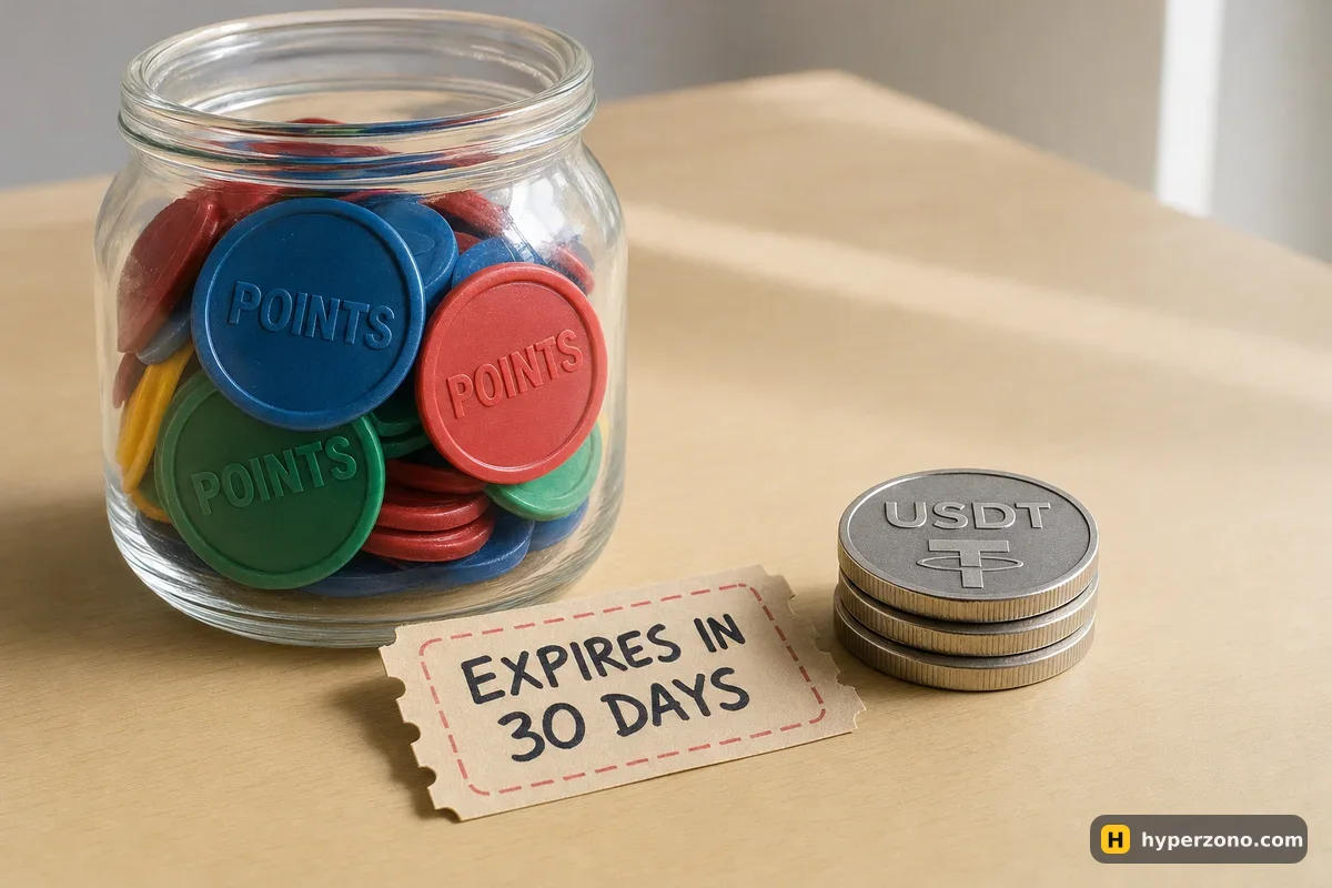 A jar of plastic tokens marked POINTS next to a small stack of USDT coins and a paper coupon reading EXPIRES IN 30 DAYS