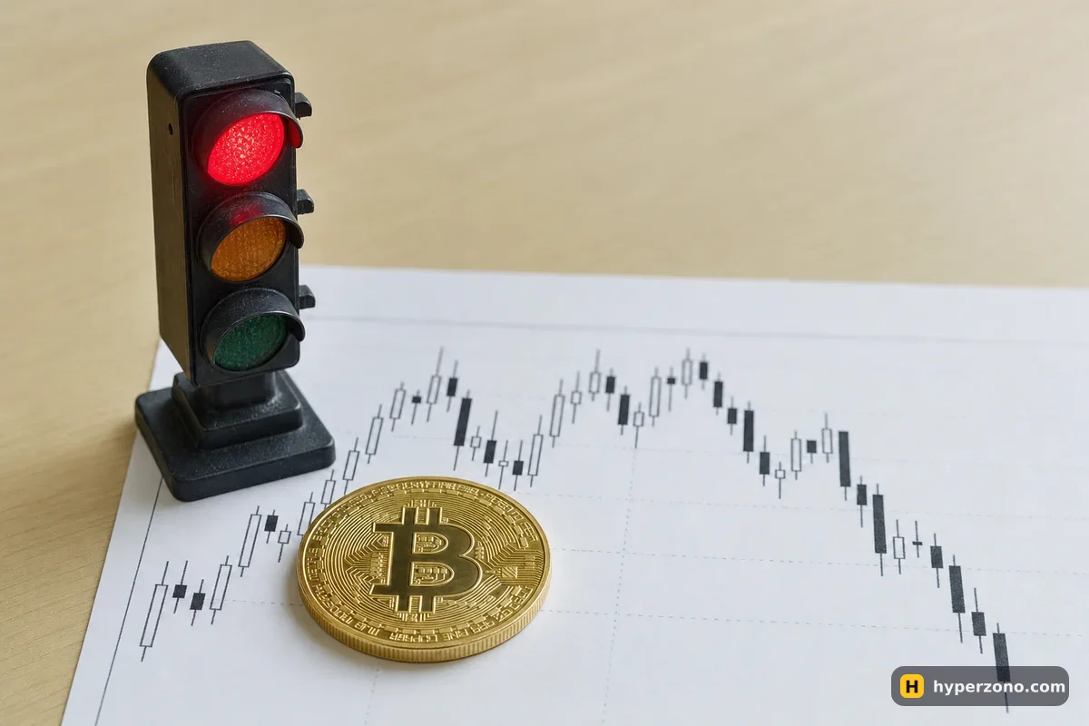 A small traffic light showing red next to a Bitcoin coin on a printed candlestick chart